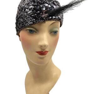 Vintage 1970s Gunmetal Gray Silver Sequin Feather Hat.